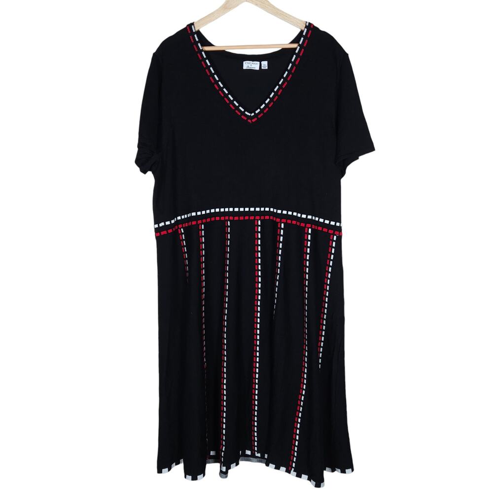 C'est Nous by Shoshanna Dress 2X Black Red Knit V Neck Shift Square Print